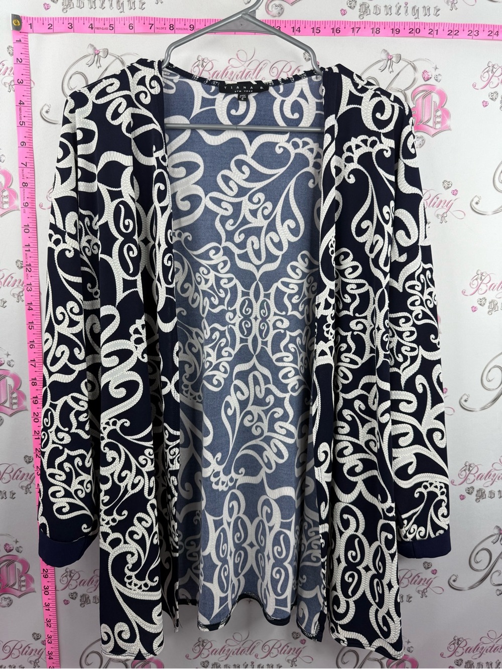 Tiana B. Cardigan sweater Navy and White Open-Front Swirl Cardigan